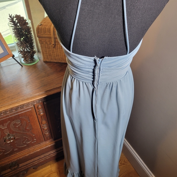 VINTAGE 70'S PALE BLUE RUFFLE HALTER CORSET WAIST MAXI DRESS - Picture 9 of 10